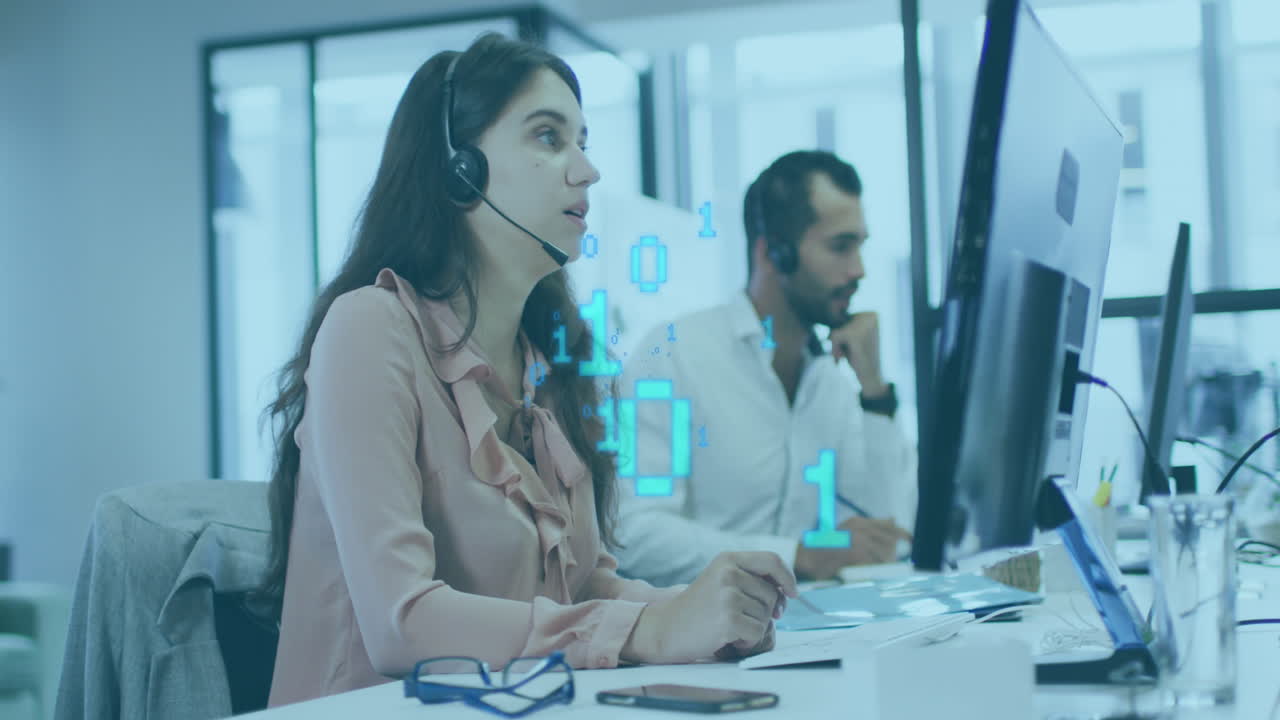 animación de la red de conexiones a través de personas de negocios que usan auriculares telefónicos