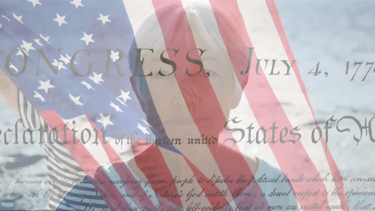 해변에 있는 고령 백인 여성 위에 있는 미국 국기의 애니메이션