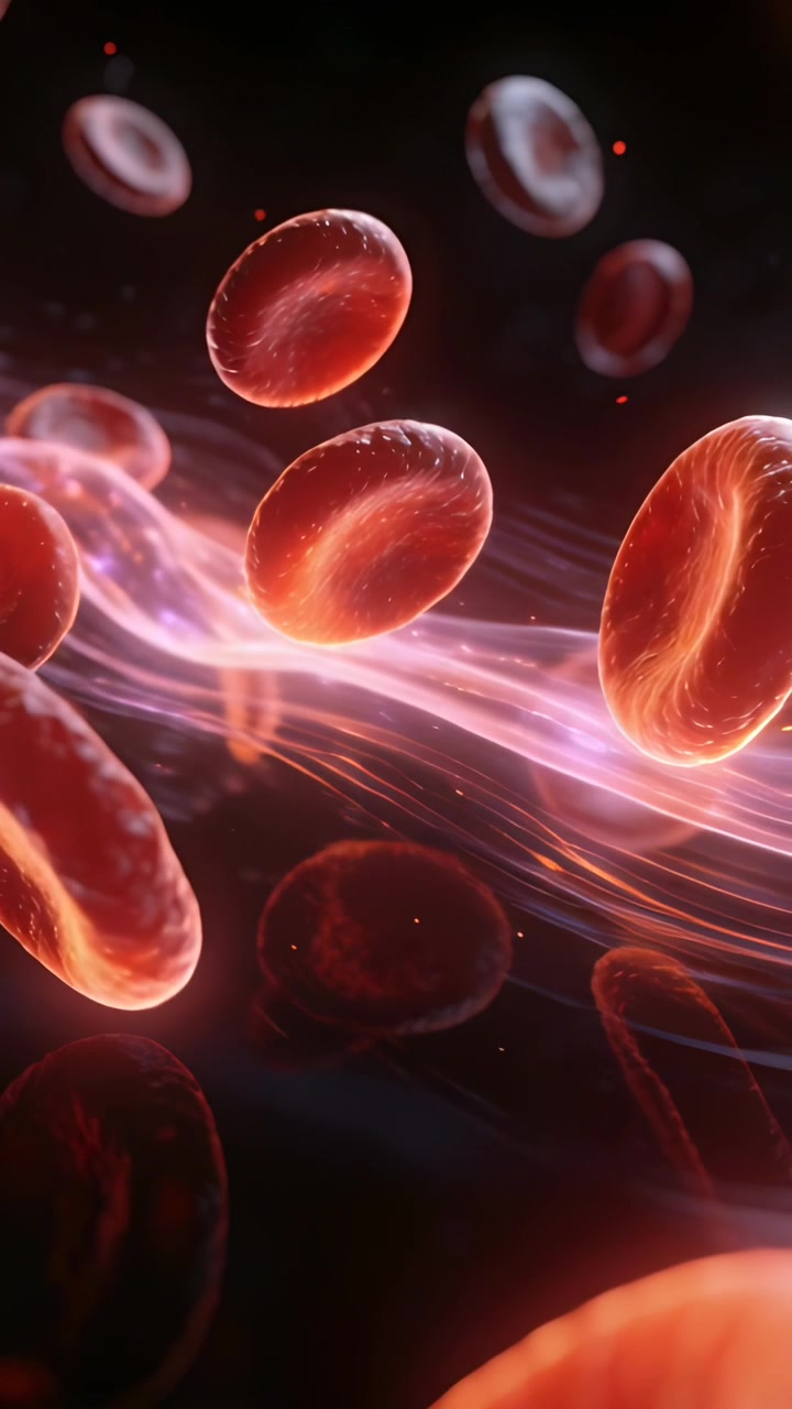 Vertical video: Floating red blood cells rotating, gliding in plasma vessel by pulsing ribbon