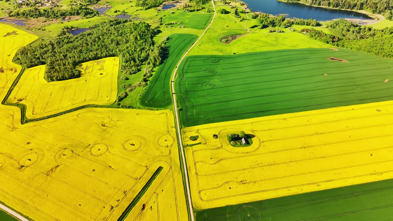 Cinematic aerial view of green and yellow fields reflects agriculture and crisis