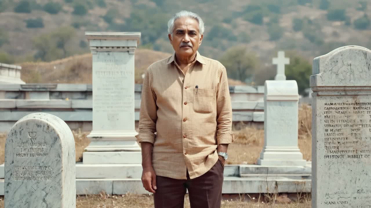 Elderly gentleman standing among cemetery tombstones, wearing subdued clothing, displaying contemplative demeanor while remembering loved ones during quiet moment of reflection
