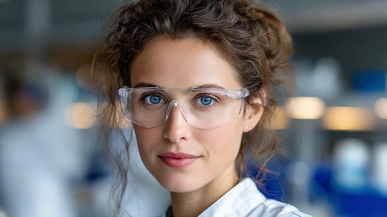 Una giovane donna sicura di sé con occhiali e camice da laboratorio, che esprime equilibrio e professionalità in un moderno ambiente di laboratorio; un simbolo di ricerca e scoperta scientifica