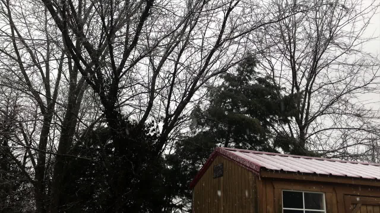 Left to right pan of snow falling on an outdoor storage shed.