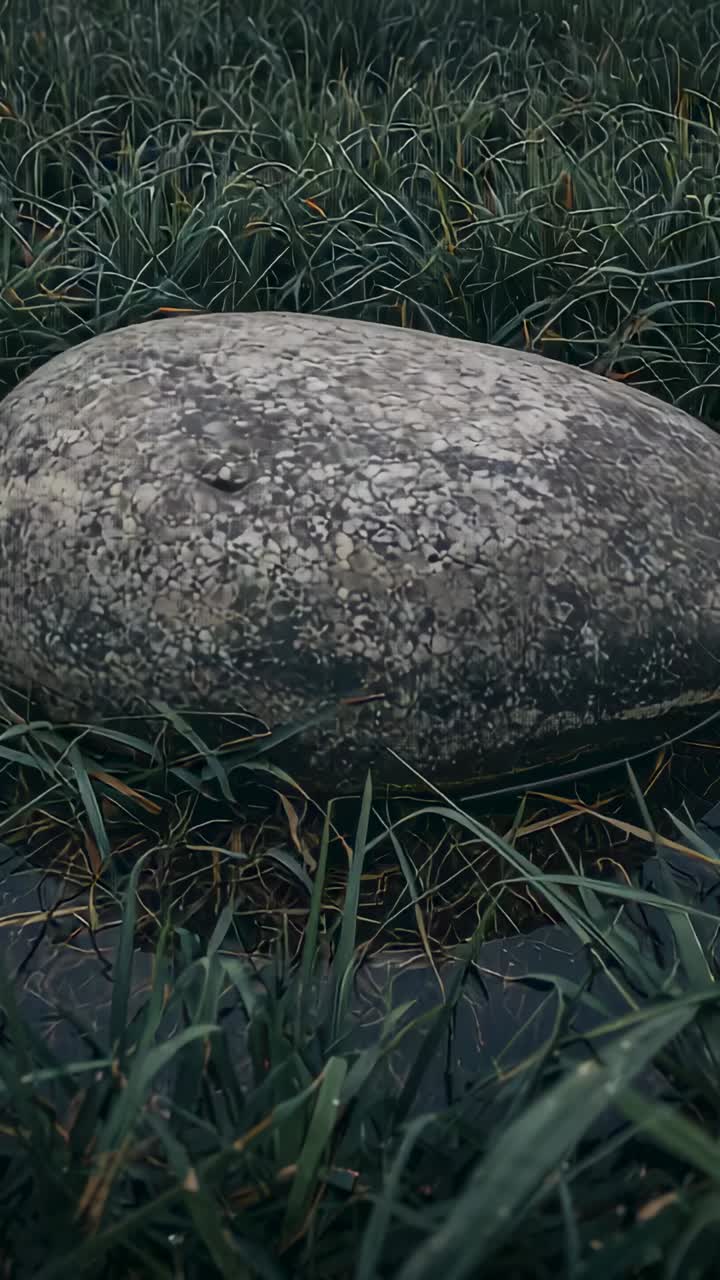Vertical video: Tilting camera and pulling back, revealing rock with lichen in marsh, wet spots