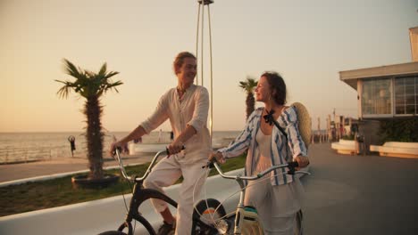 Front-view-of-a-guy-and-a-girl-riding-bicycles-and-looking-at-each-other-on-the-beach-on-which-palm-trees-grow-near-the-sea-in-summer-at-dawn.-Bike-ride-on-the-beach-in-the-morning