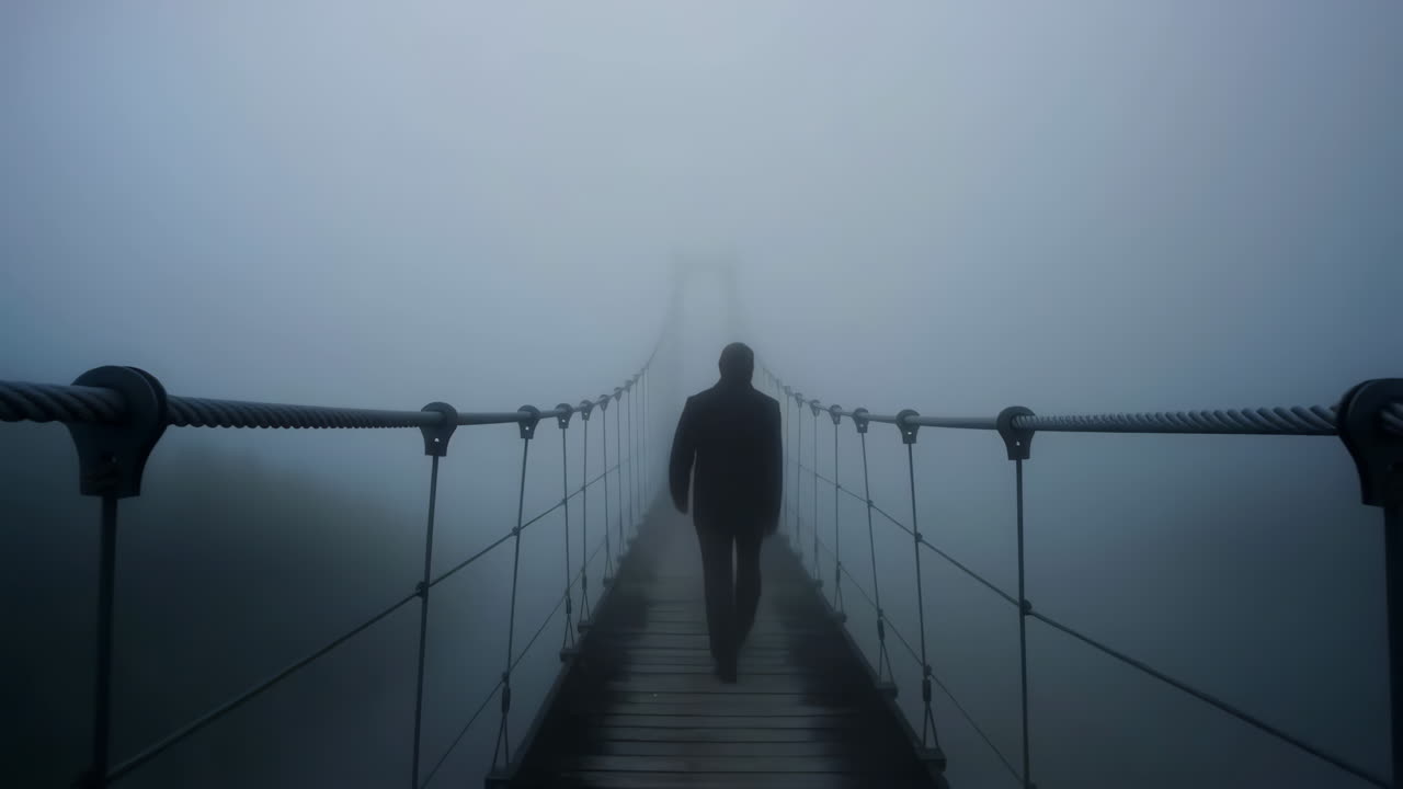A lone figure walks across a foggy suspension bridge