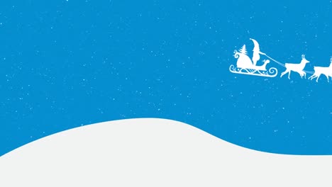 Animación-De-Santa-Claus-En-Trineo-Con-Renos-Moviéndose-Sobre-La-Nieve-Cayendo-Sobre-Fondo-Azul