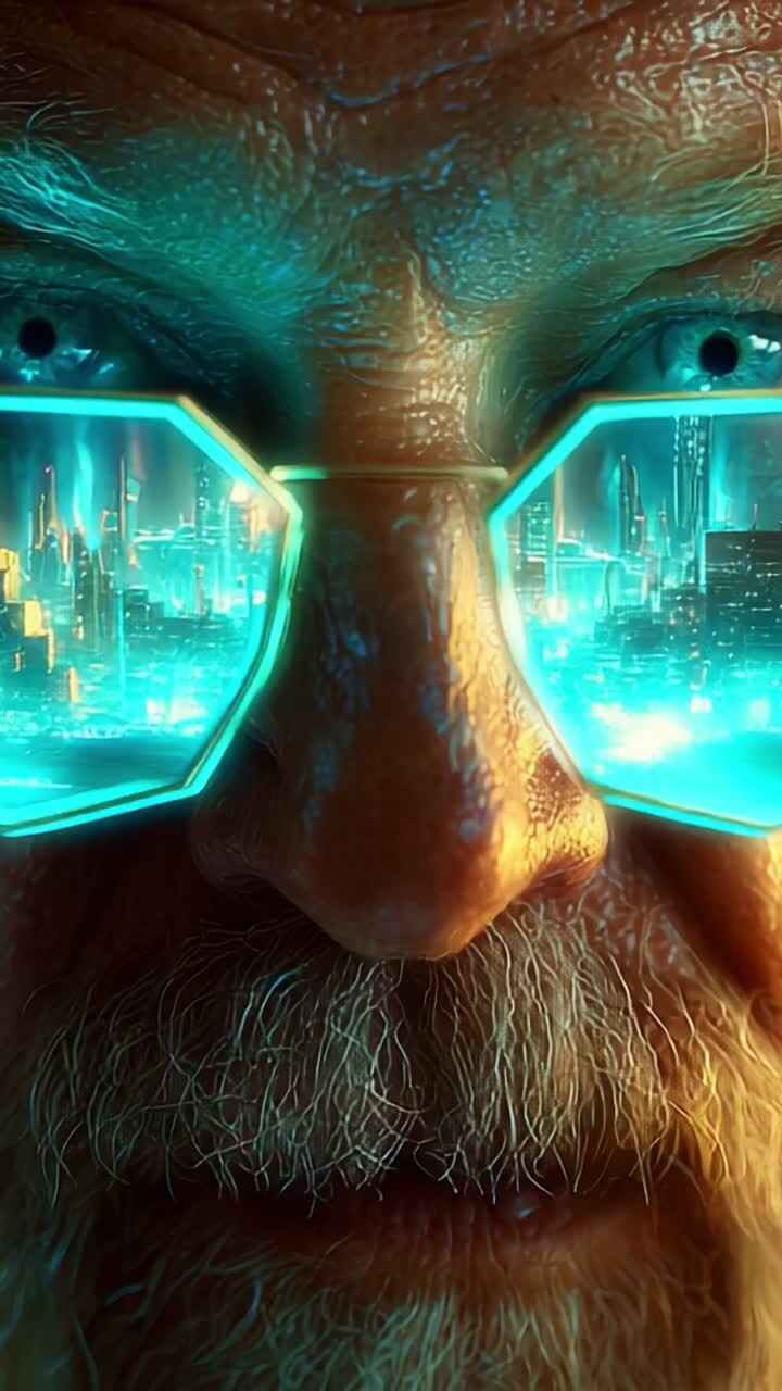 Elderly Man with Futuristic Glasses Stares Intently at a Vibrant Neon Cityscape Reflected in His Luminous Eyewear, Capturing the Essence of Modern Technology