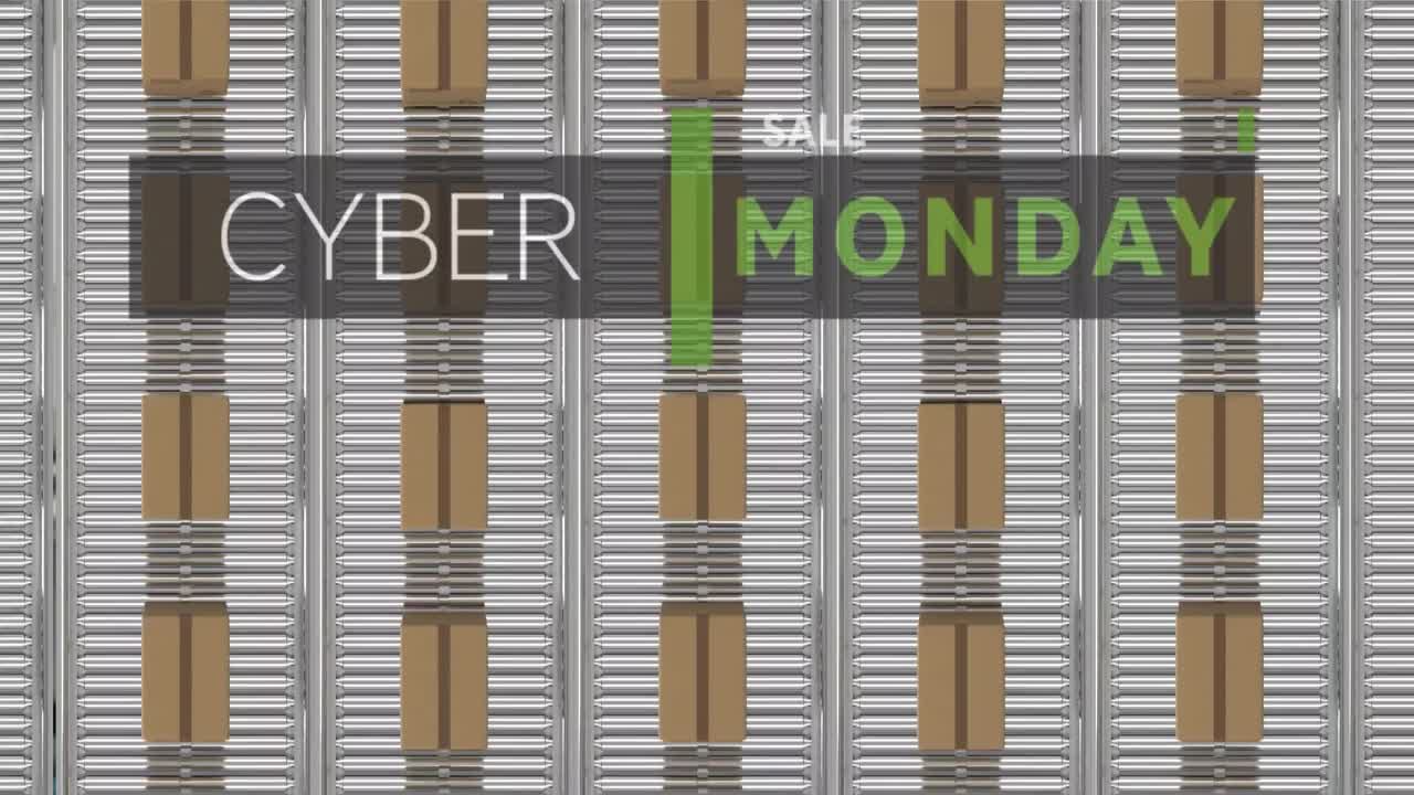 컨베이어 벨트에 있는 카드보드 상자 위에 있는 사이버 월요일 판매 텍스트의 애니메이션