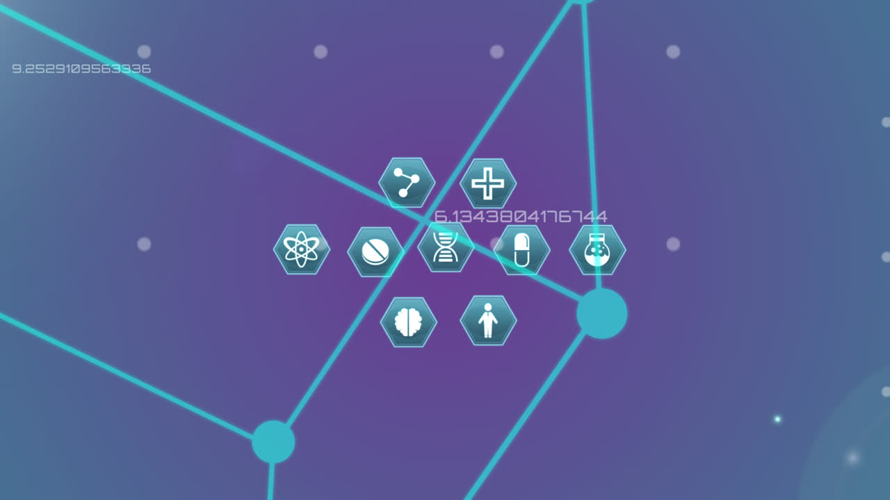 animación de la red de conexiones con iconos médicos sobre la estructura química