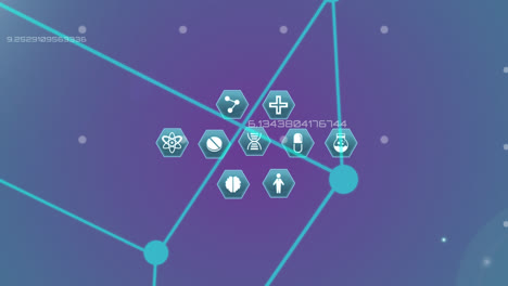 Animation-of-network-of-connections-with-medical-icons-over-chemical-structure