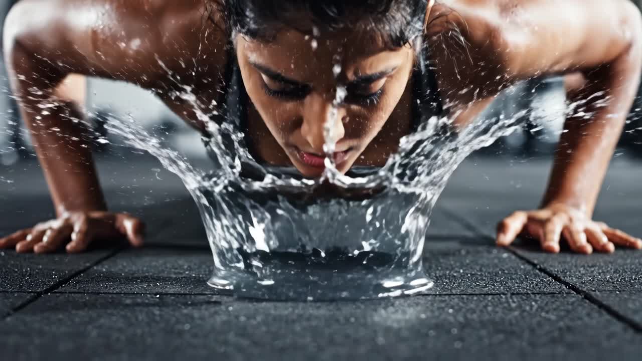 Woman Doing Push-Ups with Sweat and Water