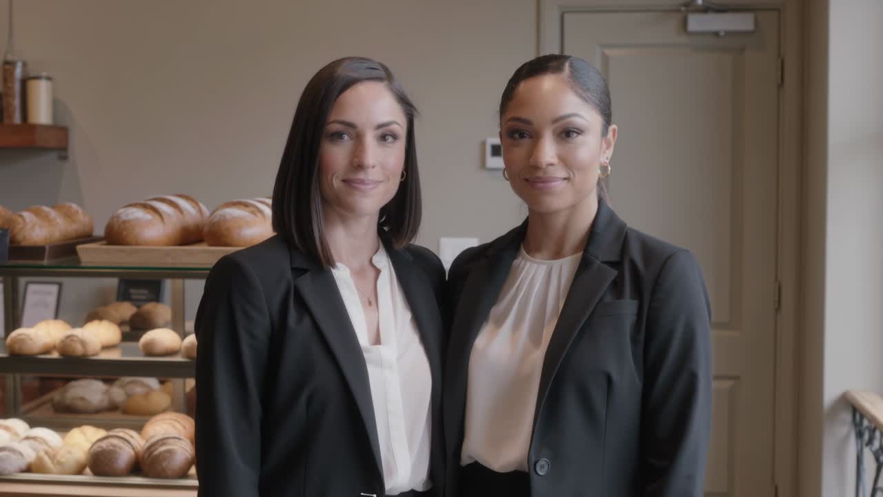 Due donne in blazer posano in piedi in una panetteria con vetrina, mentre la telecamera zooma per una promozione.