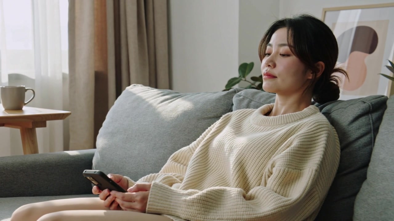 一位亚洲女性手持手机，注意到日光，靠回沙发，在笔记本电脑旁暂停滑动。