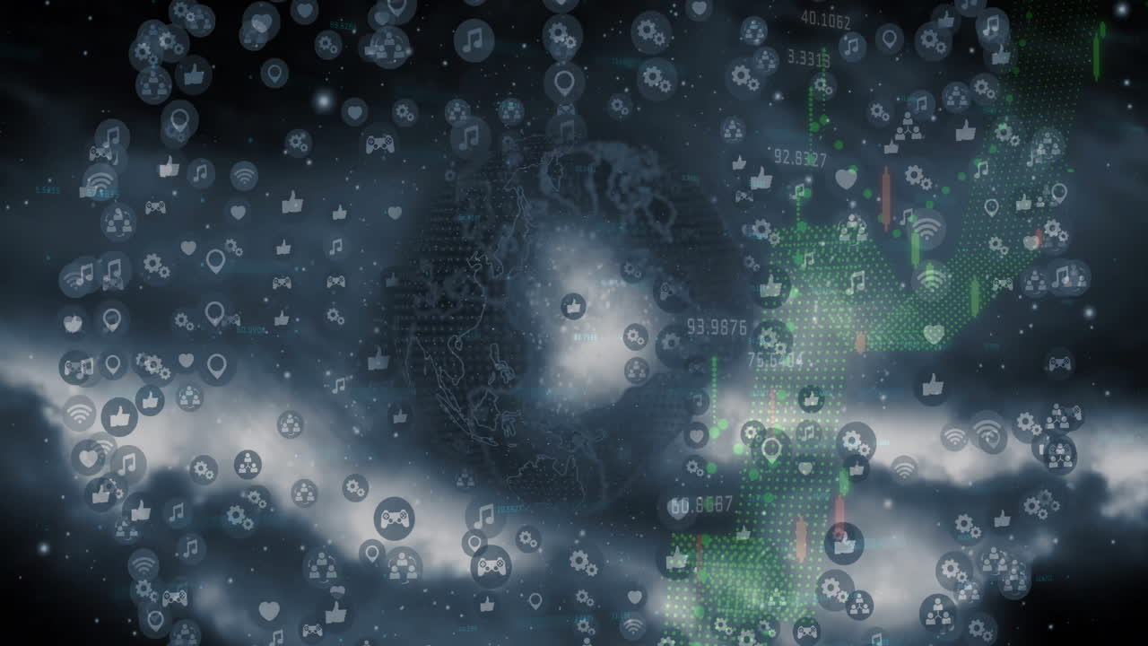 Digital icons and data processing animation over globe and abstract background