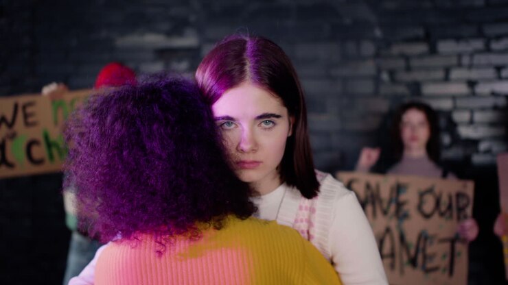 Serieus Kaukasisch meisje knuffelt haar vriendin en kijkt in de camera terwijl haar vrienden achter haar protestborden vasthouden en demonstreren