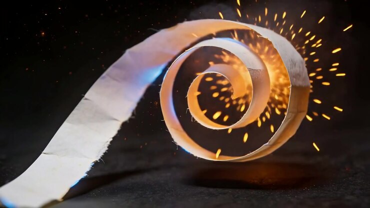 Torn white paper spiral coil emitting orange sparks and smoke on dark cloth after ember brightening