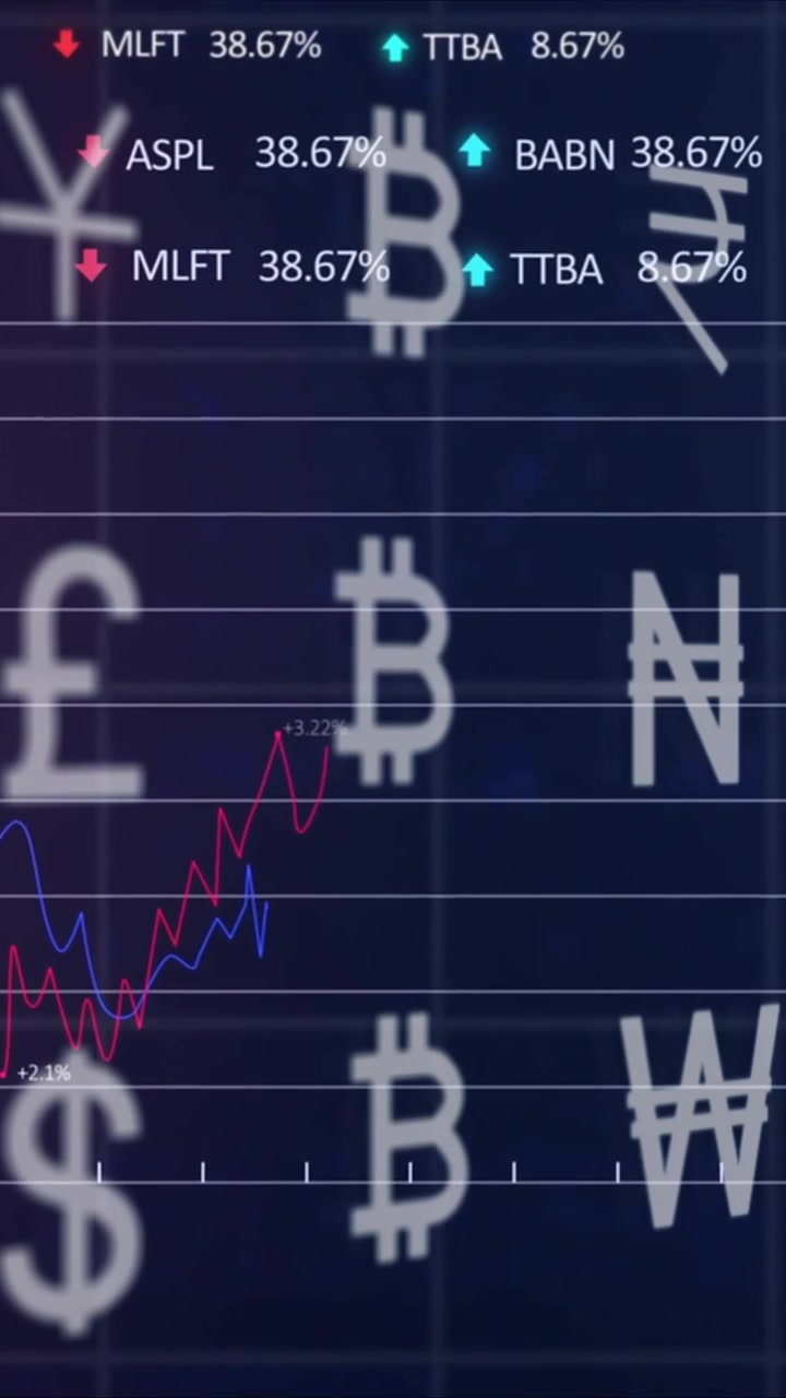 Animazione di elaborazione dati e diagrammi su simboli di valuta