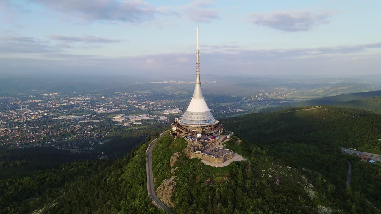 Unique broadcast Ještěd tower, hotel above Liberec, panoramic forest and hills