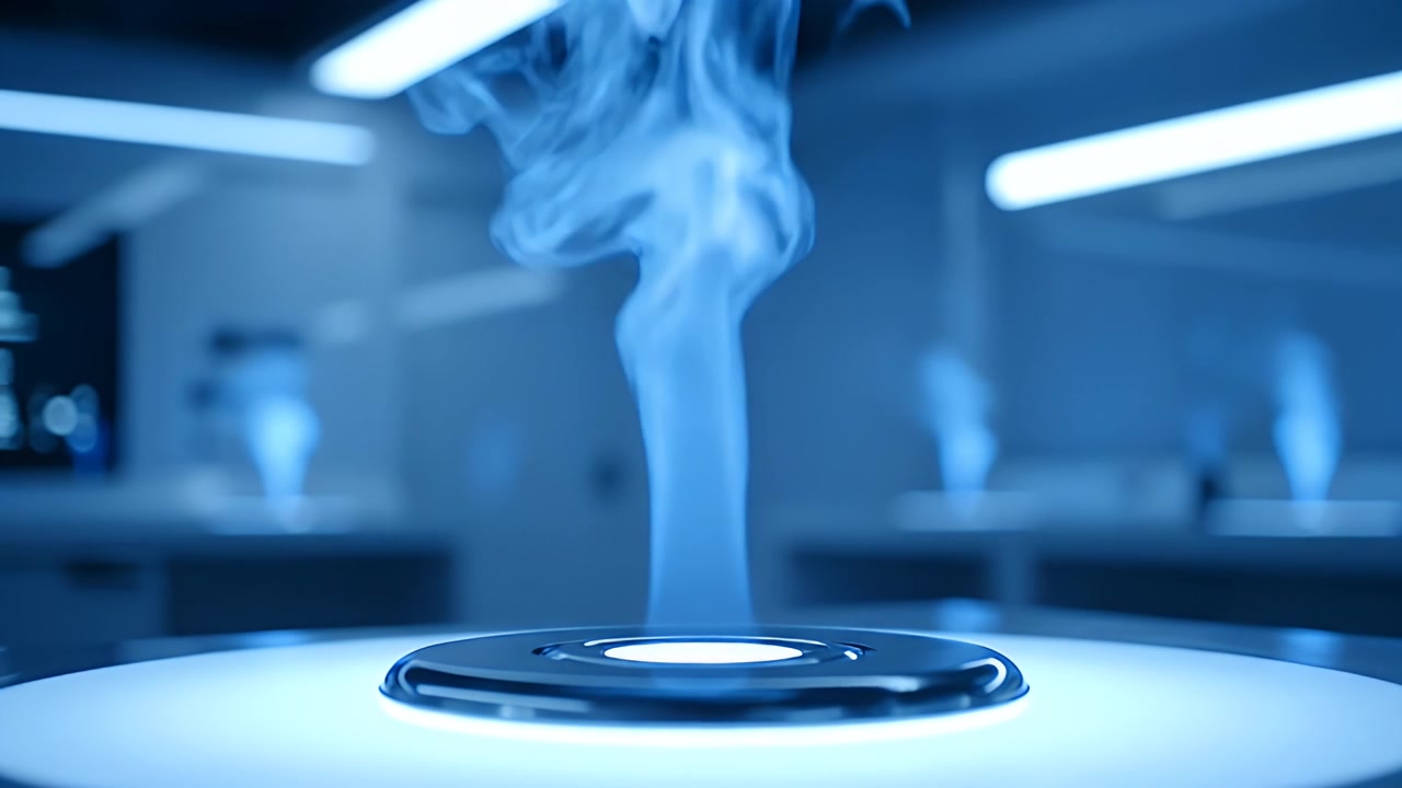 Blue Smoke Rising from a Glowing Circular Platform in a Laboratory