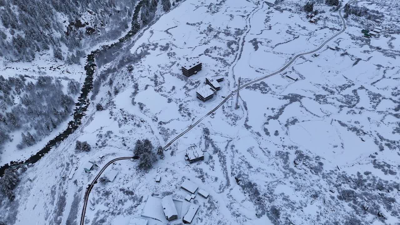 Snowy Mountain Valley with Village and River