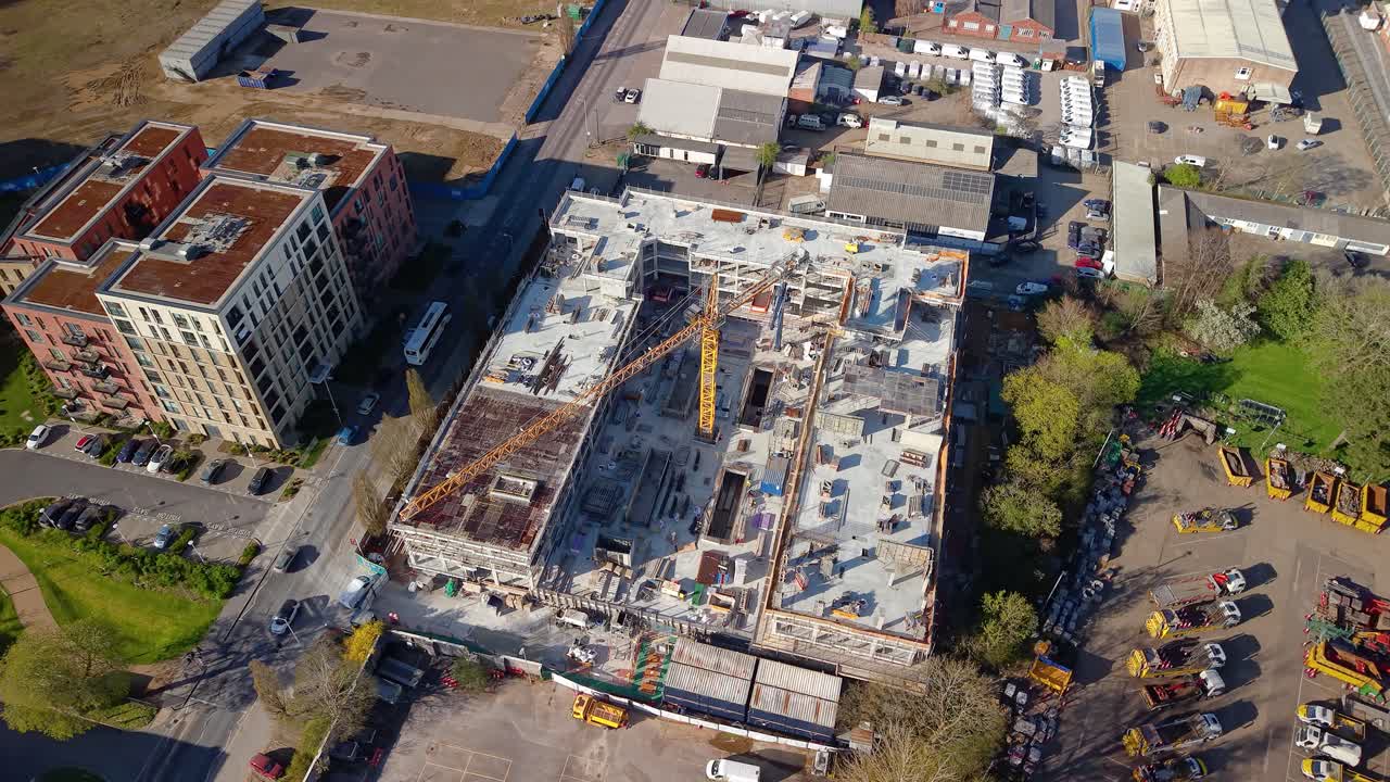 Aerial view Birdseye circling building construction work at Wheat quarter in Welwyn garden city UK