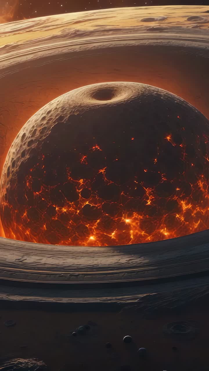 Vertical video: Opening shot panning around cratered sphere near rings, with lava glow, moonlets