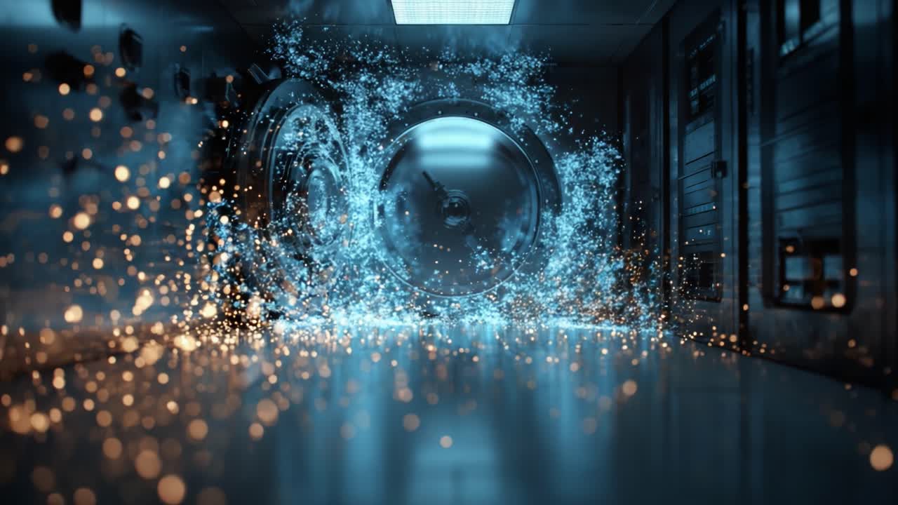 Luminous blue particles swirling around a futuristic metal gateway, creating a magical vortex in a dark, high tech corridor with glowing golden sparks rising from the reflective floor