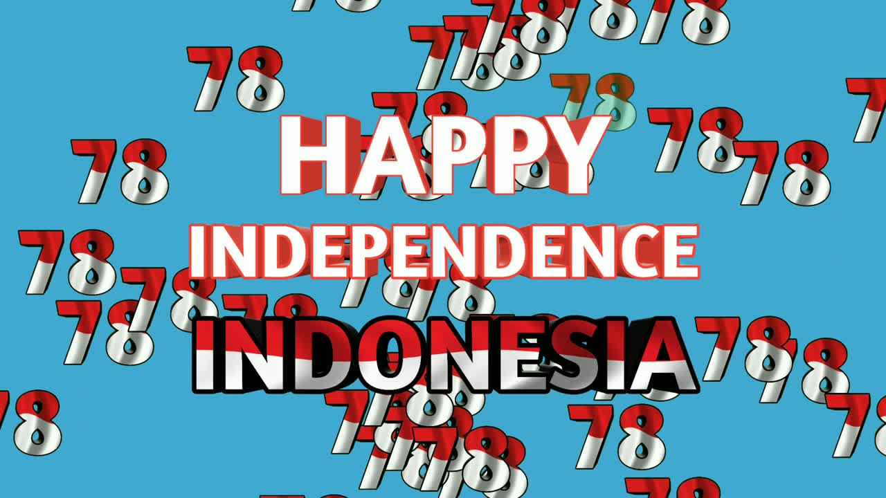 Testo animato: 'Buon Giorno dell'Indipendenza Indonesia' in grafica animata a cartone animato con testo rosso e bianco su schermo verde