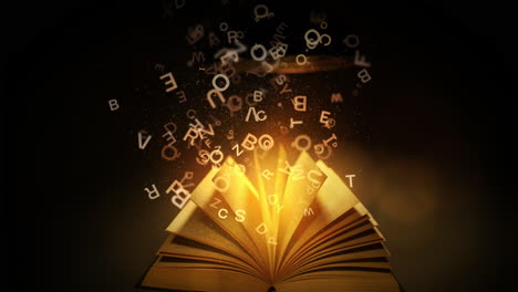 open book with golden letters flying out of the pages. bright magical yellow light. looped animation.