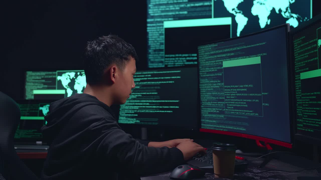Asian Boy Hacker Hacking With Multiple Computer Screens And Pose In Dark Room