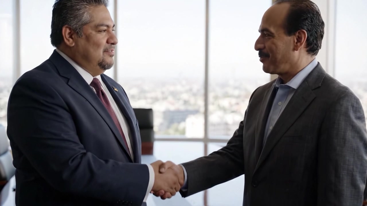 Professional Meeting: Two Businessmen Engaging in a Friendly Interaction in a Modern Office Setting with a City Skyline in the Background