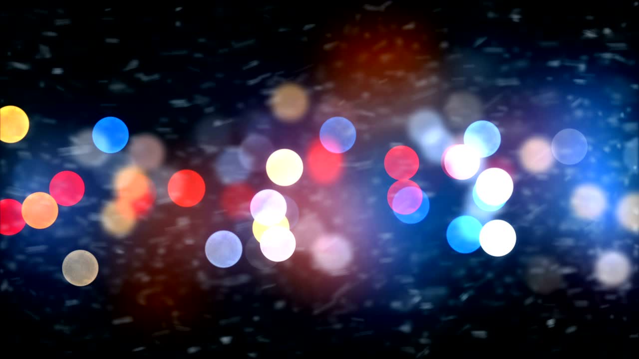Strong Blizzard Snow Storm Gale Force on Night Lights Blinking Background. Looped 3d Animation. Holidays Celebration Concept.
