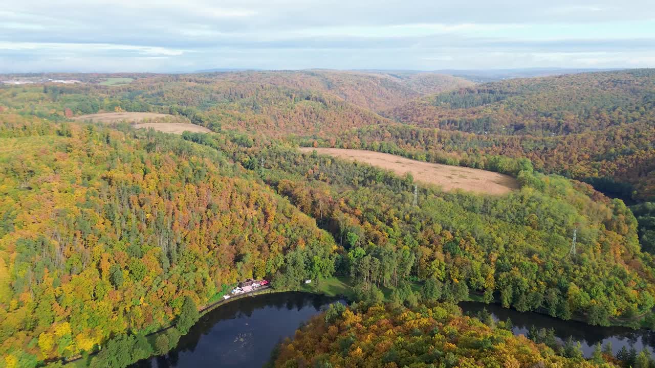una vista del paisaje montañoso cubierto de bosques, que se han vuelto coloridos en otoño