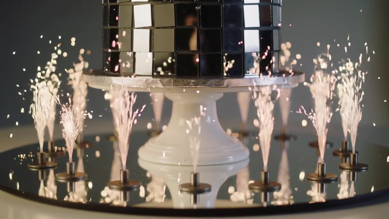 Accensione di fontane luminose che emettono scintille sotto una pedana di piastrelle a specchio su un piedistallo bianco, creando un bagliore.