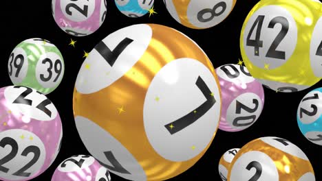 Animation-of-golden-star-icons-and-pool-balls-with-numbers-floating-against-black-background