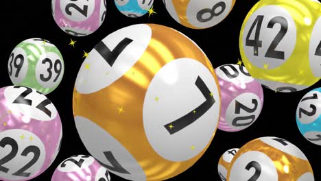 animation of golden star icons and pool balls with numbers floating against black background