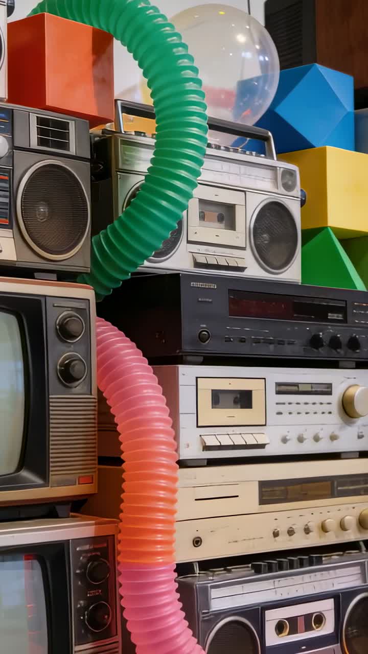 Video verticale: Panoramica della telecamera che rivela un impianto stereo vintage in una stanza per mostrare gli oggetti di scena, con le valvole in movimento.