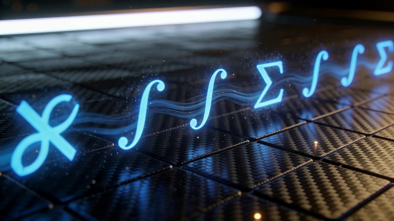 Un simbolo di loop che entra, facendo scivolare un punto interrogativo luminoso sul pavimento dello studio, con un nastro che pulsa.