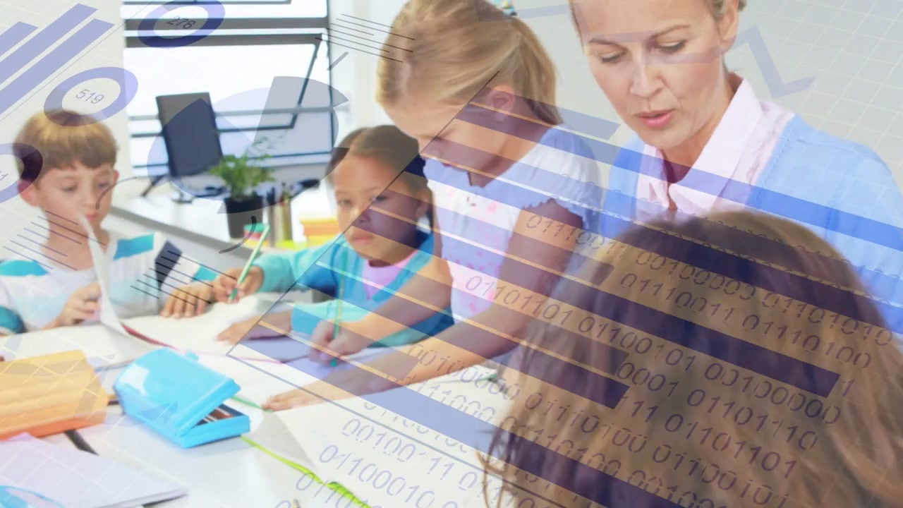 Girl tapping tablet starting education binary chart stripes while teacher guiding students writing