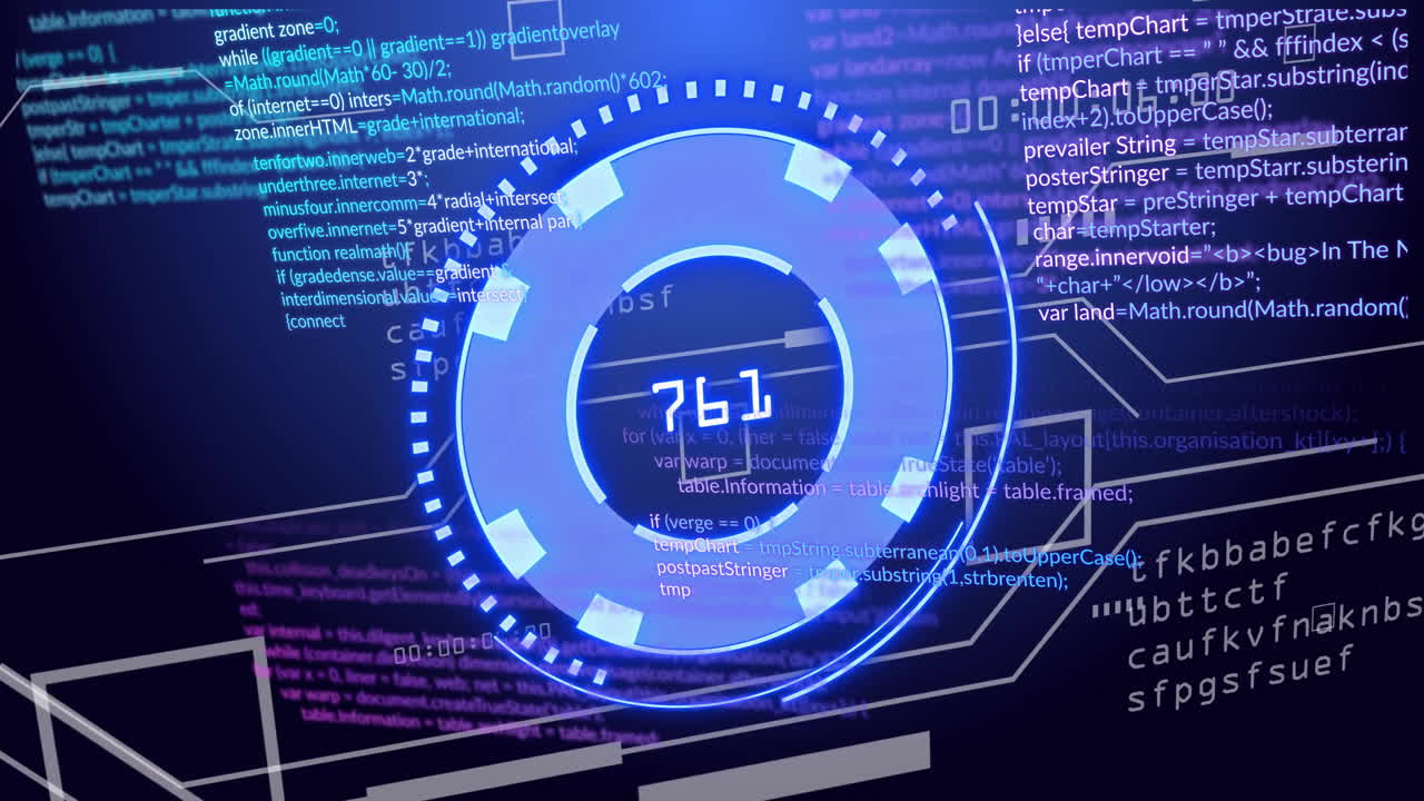 Futuristic digital interface with coding and data processing animation