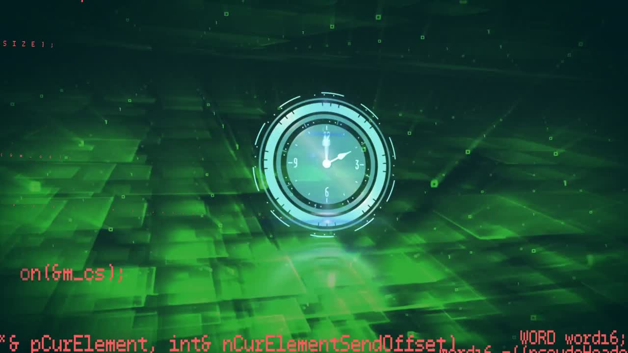 Digital animation of digital clock ticking against data processing on green background