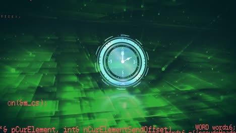 Digital-animation-of-digital-clock-ticking-against-data-processing-on-green-background