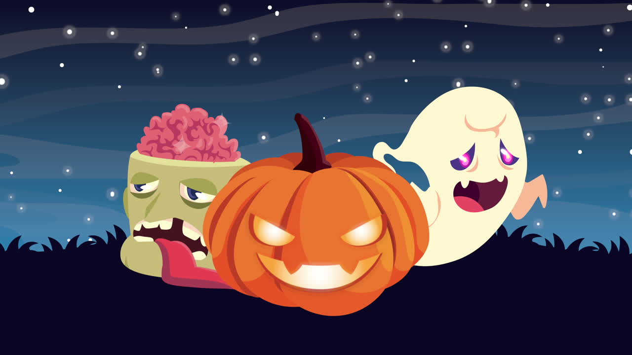 Immagine cartone animato di Halloween con zombie, zucca e fantasma