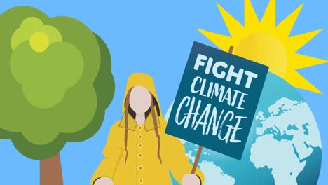 Animation-of-woman-holding-board-with-fight-climate-change,-tree-and-sun-on-blue-background