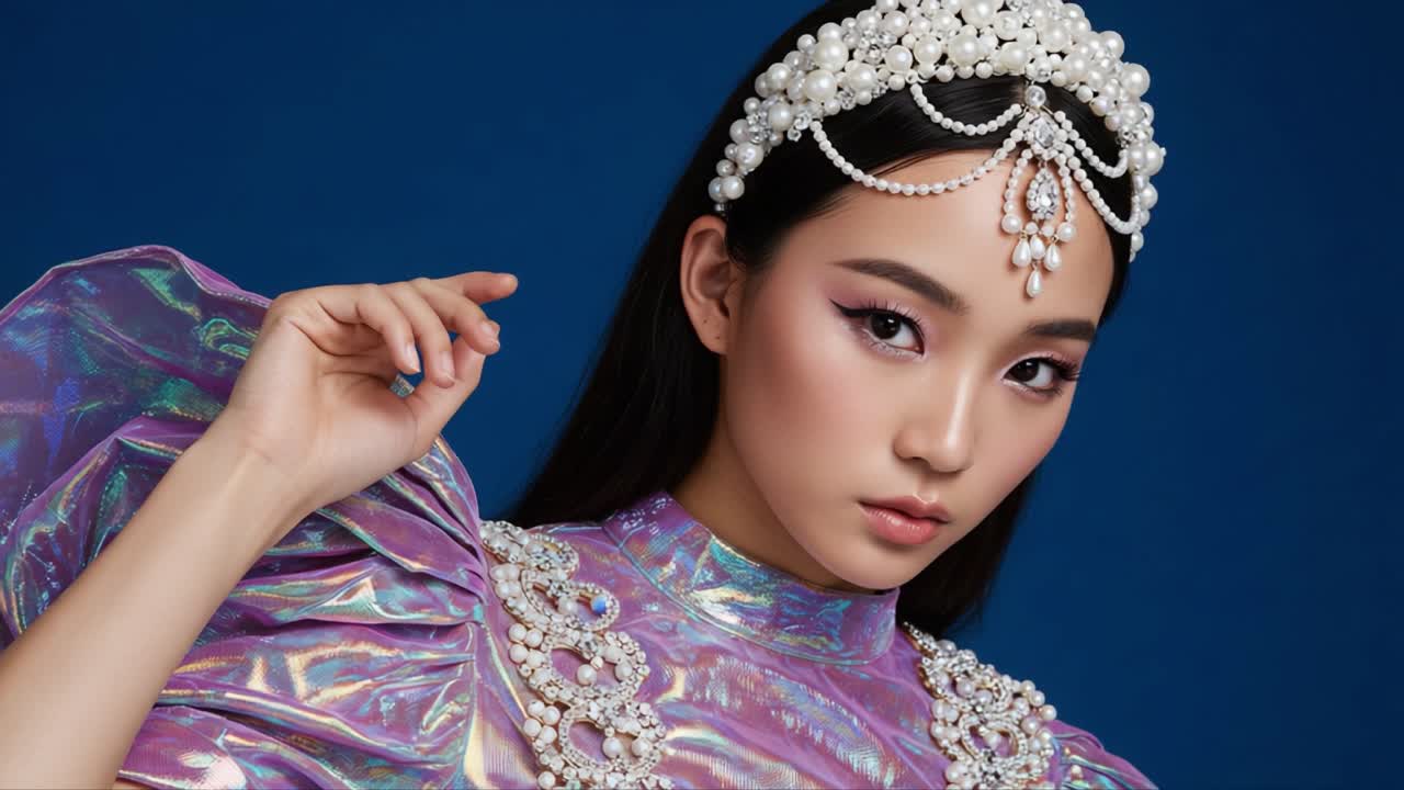 Captivating Beauty: A Portrait of Elegance Featuring a Model in Shimmering Purple Attire Adorned with Pearls Against a Striking Blue Background