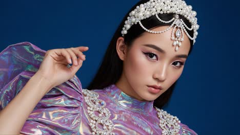 captivating beauty: a portrait of elegance featuring a model in shimmering purple attire adorned with pearls against a striking blue background
