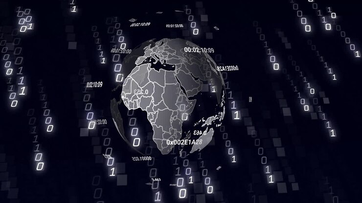 Animation of data processing and binary coding over globe