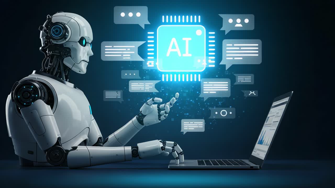 Advanced AI Interaction: A Futuristic Robot Engaging with Artificial Intelligence Through a Laptop, Showcasing Digital Communication and Technology Integration