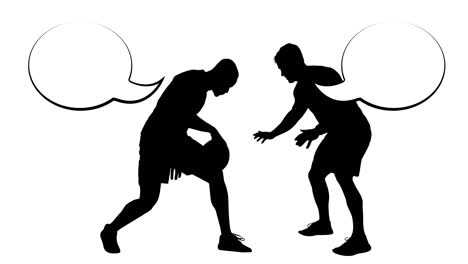 animation of silhouette of basketball players with speech bubbles on white background